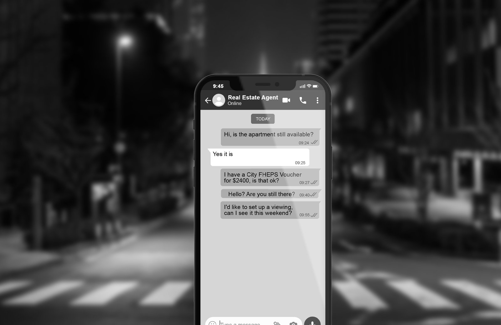 Black-and-white photo: a phone shows a chat thread with a real-estate agent who stops responding after the tester mentions a CityFHEPS voucher